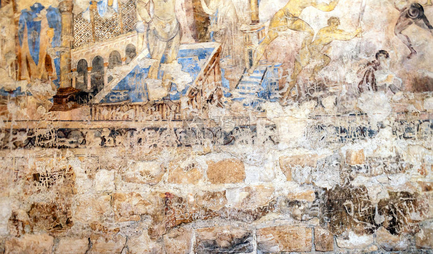 墙上古代绘画遗迹的纹理图片