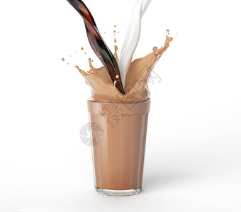 咖啡和牛奶倒入满是混合液体的玻璃杯中图片