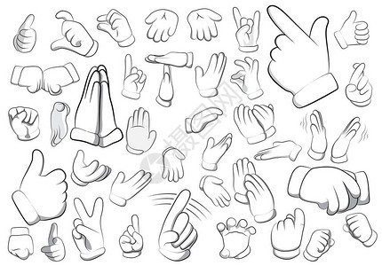 竖中指手势一组带有许多手势的矢量卡通手插画