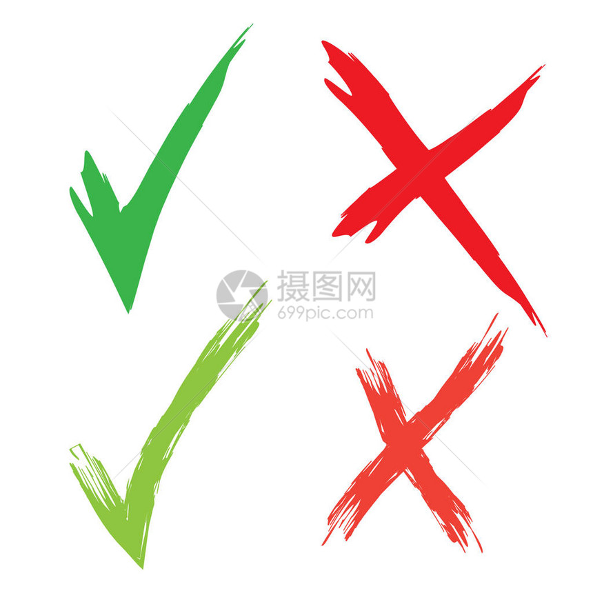 绿色滴答和红十字笔画原始设置Grunge检查标记矢图片