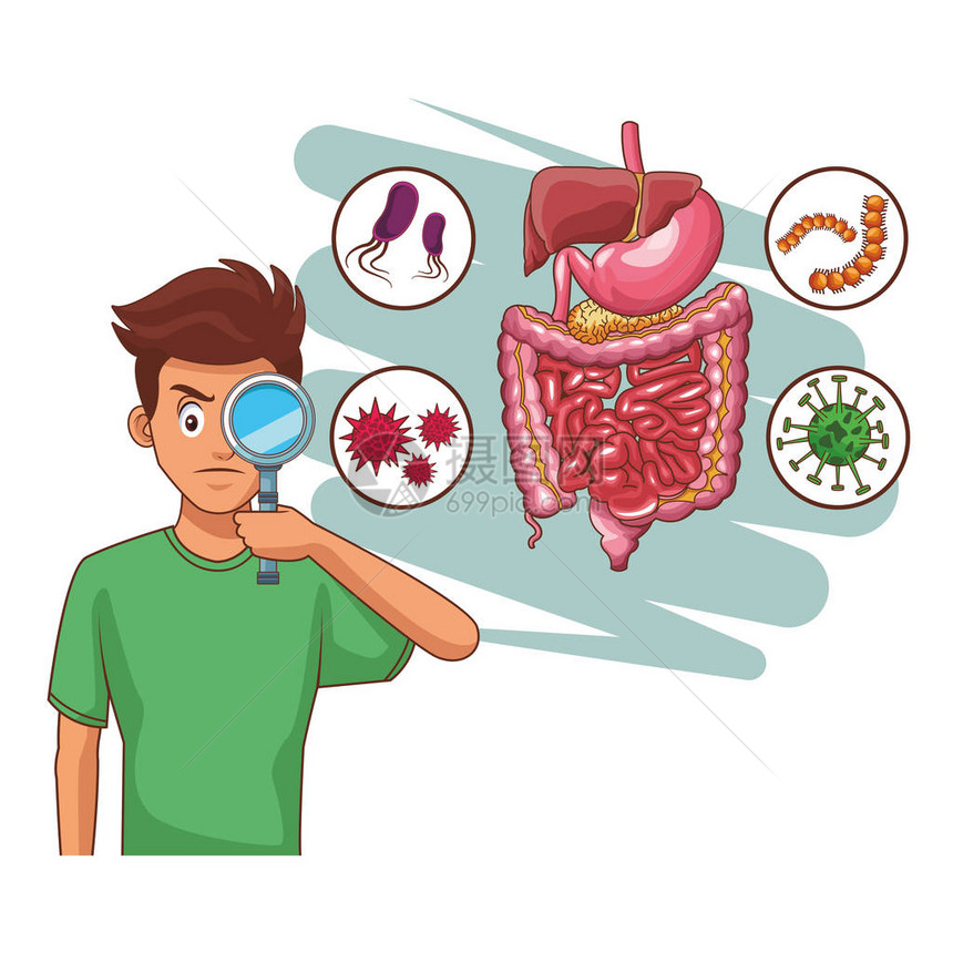 带有放大镜玻璃消化系统细菌的人类向量图片