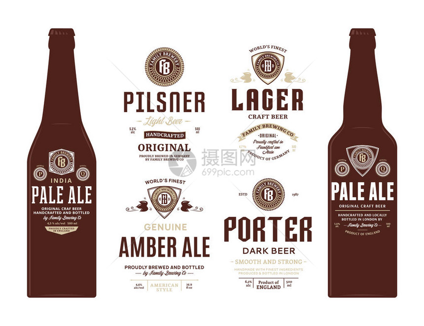 啤酒标签和瓶子样机模板淡啤酒比尔森啤酒波特啤酒琥珀啤酒和啤酒标签酿造公司品牌和图片