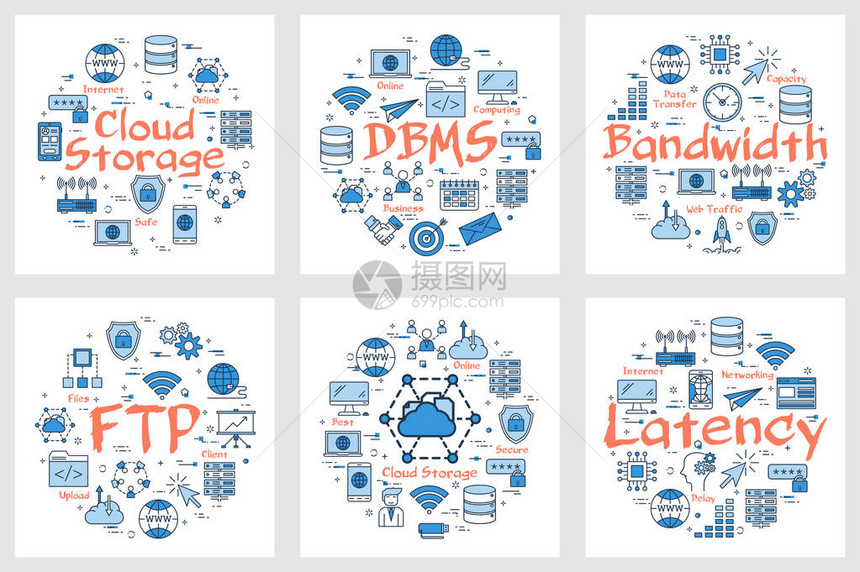 矢量6个蓝色互联网技术横幅FTP延时带宽和云存储的概念白背景的图片