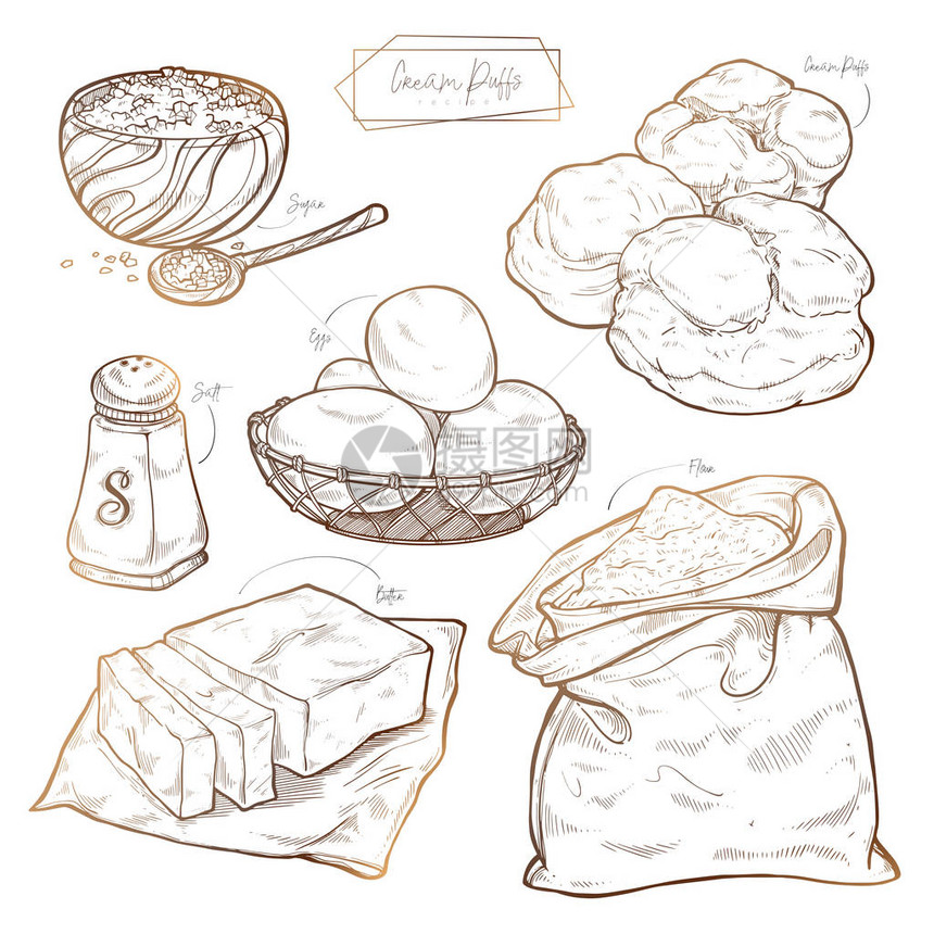 甜糕点奶油泡芙食谱向量组的成分复古手绘素描在浅色背景下烘烤烹饪网站菜单图片