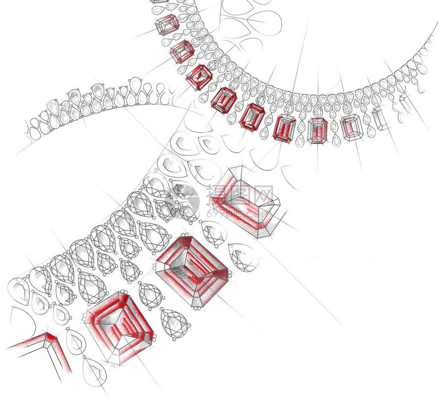 珠宝主题白色背景与手绘珠宝项链宝石项链和红色斑点创意和广图片