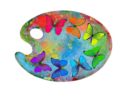 彩虹的颜色调色板与五颜六色的油漆和孤立的白色背景上的蝶形图片