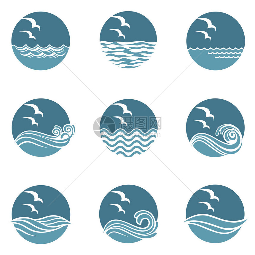 带有波浪和海鸥的海洋图标集合图片