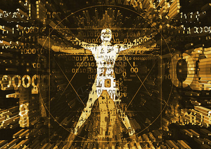 卡斯蒂利亚莱昂计算机数据爆炸中的维特鲁威人剪影用二进制代码描绘维特鲁威人的未来主义插图象征着数字时设计图片