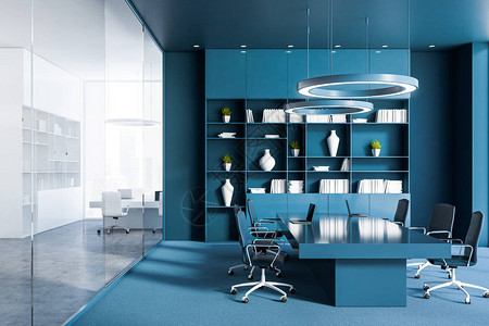 办公室会议室内部有蓝色的墙壁和地板图片