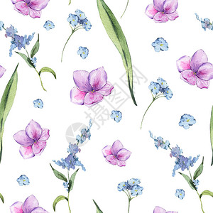 粉红和蓝绿野花的无缝鲜花样关于白背景的自然多彩图片