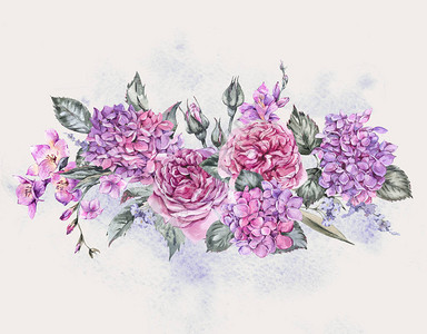 夏季水彩复古花束与盛开的绣球花小苍兰玫瑰花园卉水彩图片