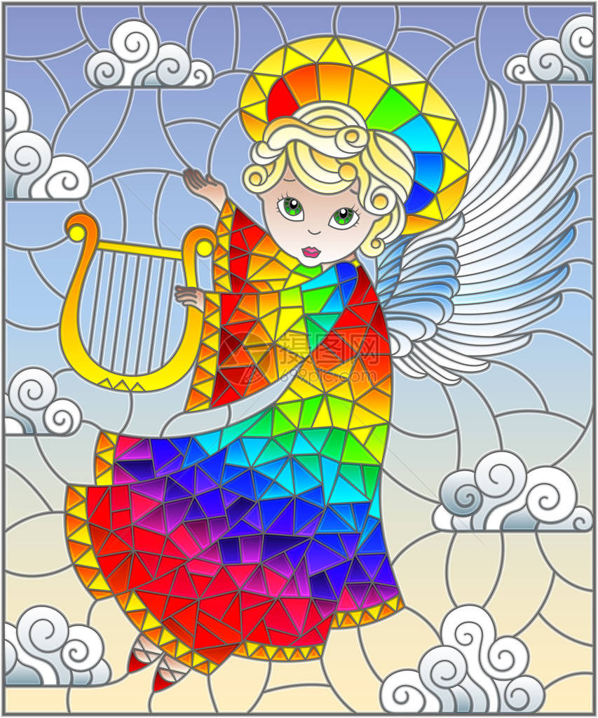 以彩色玻璃风格与卡通彩虹天使一起用竖琴对图片