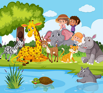 池塘插图附近的动物和人图片
