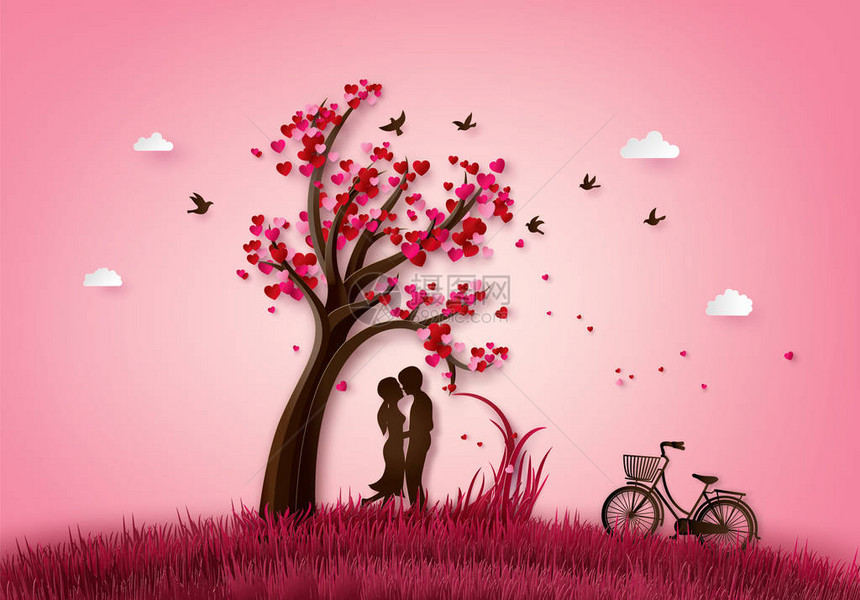 爱与情人节的景象在一棵爱情树下从数字手图片