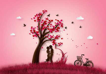 爱与情人节的景象在一棵爱情树下从数字手背景图片