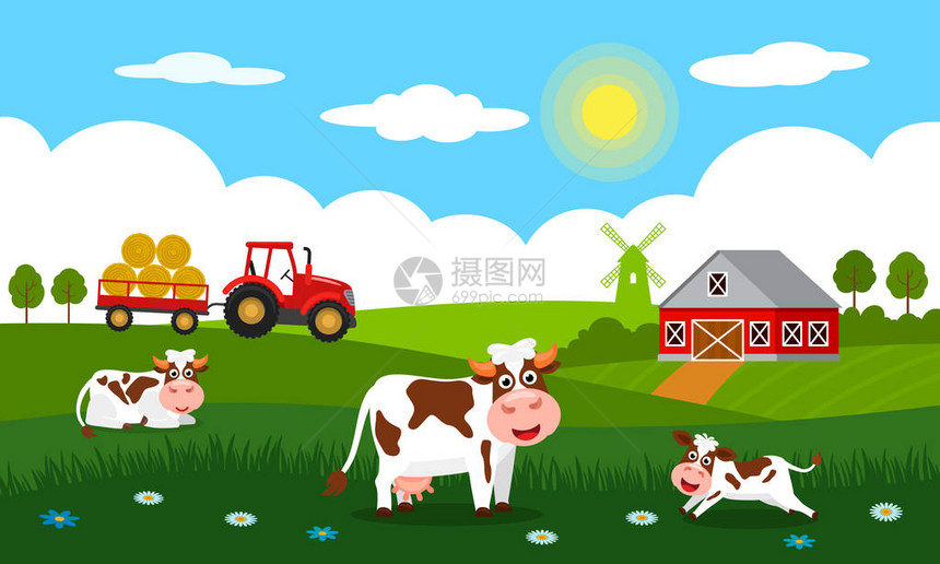 在乡村夏季景观农场磨坊和带拖车的拖拉机的背景下图片