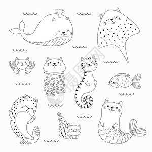 一组可爱的海洋动物涂鸦图片