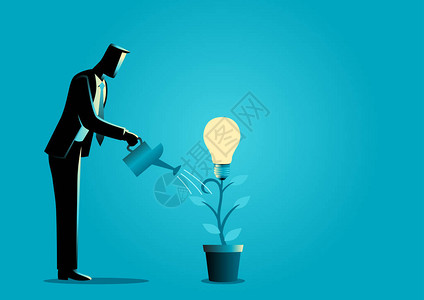 一个商人用灯泡浇水的年轻植物的商业概念图创造想法商业创意图片