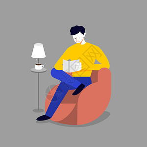 男人在沙发和阅读书上放松矢量插图是卡通图片