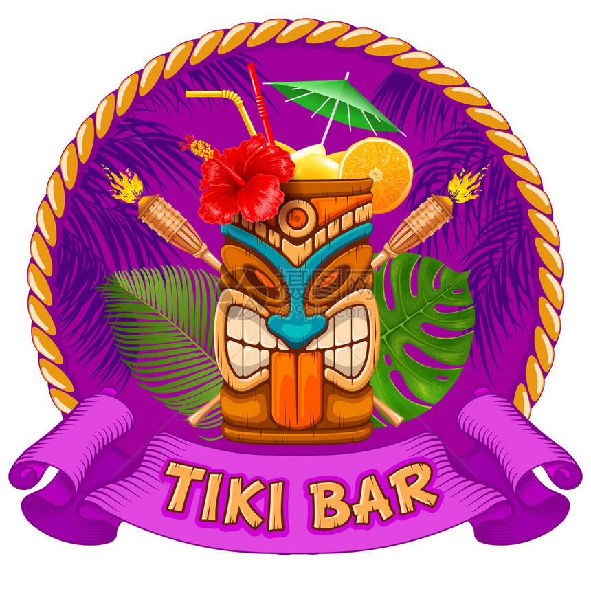 带有Tiki部落面具竹火炬和酒吧招牌的鸡尾酒杯图片