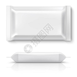 湿巾擦手逼真的流量包逼真的白色食品包装饼干枕头箔空白零食饼干塑料包装模型矢量设计图片