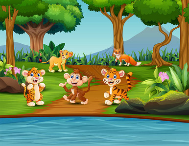 池塘场景中的卡通快乐野生动物图片