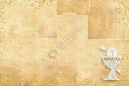 首张圣餐邀请卡GoldenChalice和鸽子放在纸面背景上插画