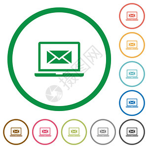 白色背景上带邮件符号的笔记本电脑平面彩色图标图片