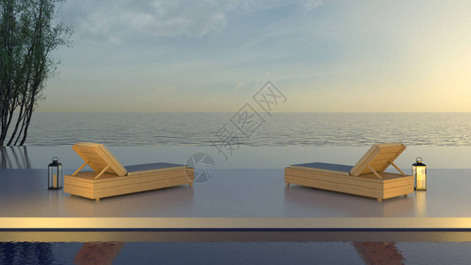 地板上的木床豪华住宅游泳池海滩和全景海的夏日放松海景3d渲染日光浴室内日光浴背景图片