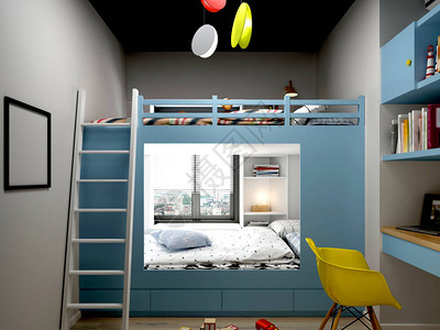 蓝色儿童房的3d渲染图片