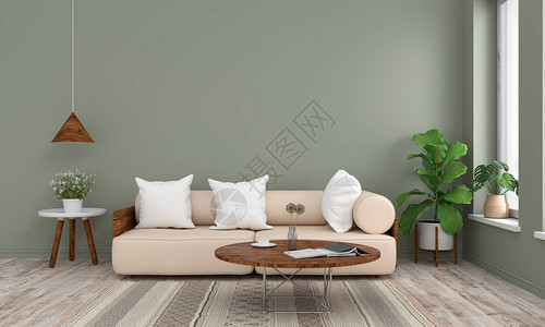 绿色客厅的Sofa和木图片