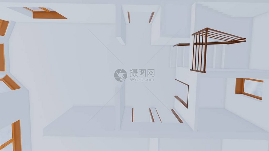 房子内部的3D渲染小屋一楼剖面图图片