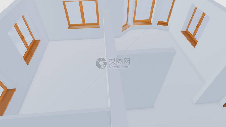 房子内部的3D渲染小屋一楼剖面图图片