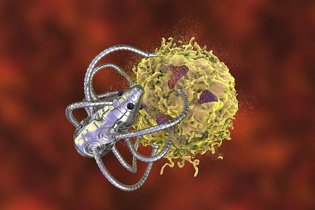 吹灭Nanocot攻击癌症细胞纳米技术医学概念3D插图为治疗癌症而研制的纳设计图片