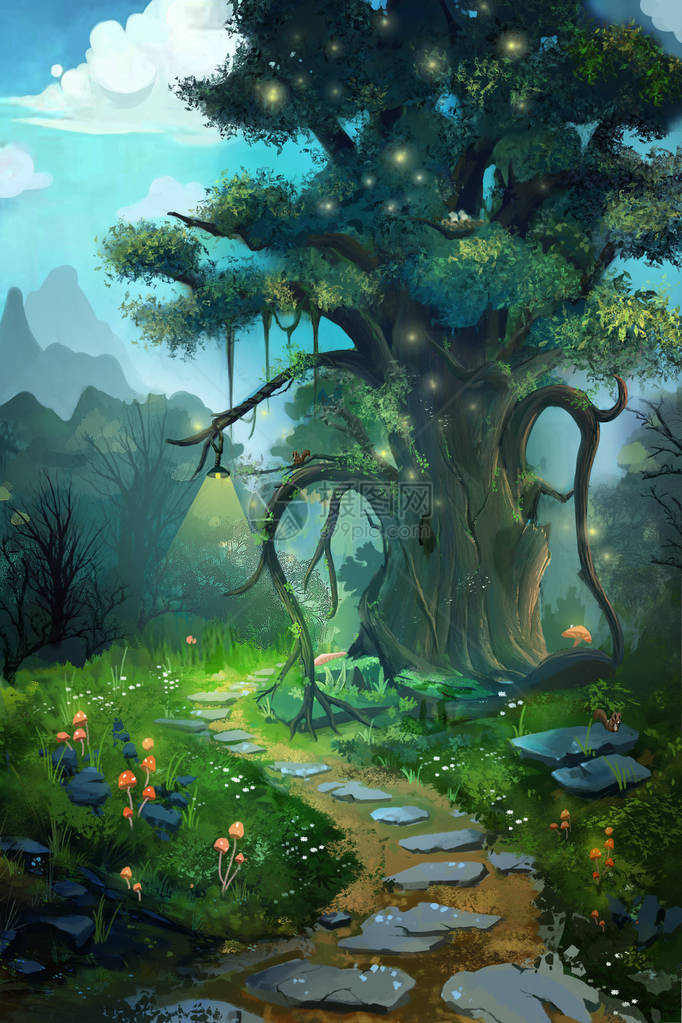 早晨的树视频游戏的数字CG艺术概念说明现实化卡通风格图片