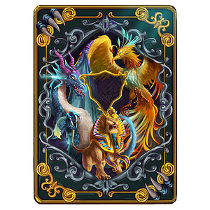 关于中世纪和中世纪神秘话生物的卡片背面设计龙凤凰和狮身人面像概念艺术逼真的插图电子游戏数字背景图片