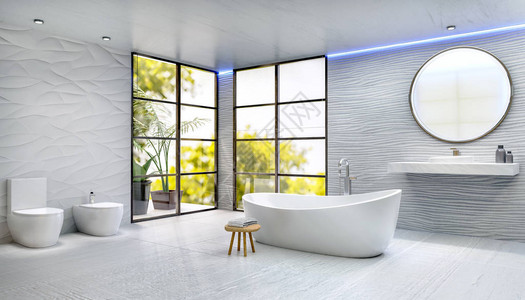 高调带圆形浴缸的现代浴室的3D插图陶瓷水槽和圆形设计图片
