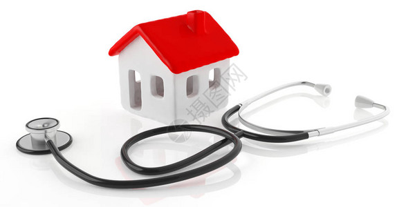 与红色屋顶和医疗听诊器隔绝的房子模型反对白色背景图片