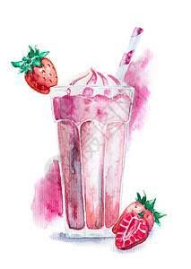 以奶油草莓和白底绝缘的饮料稻草装饰的水绿色草莓奶昔图片