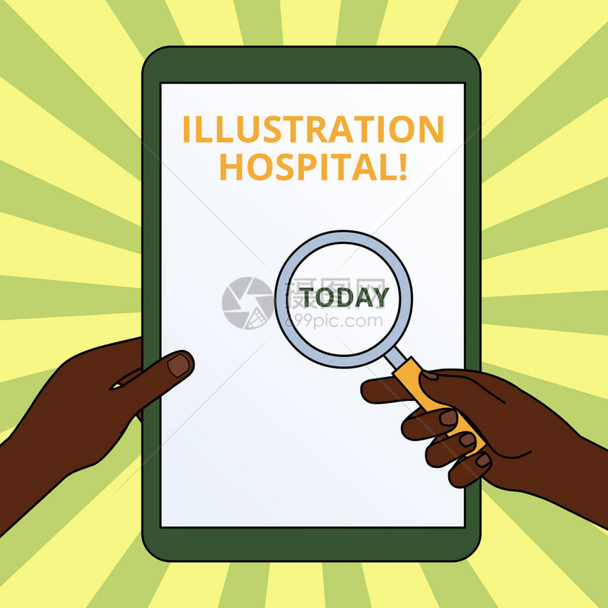 手写文字书写插图医院概念照片独特的医疗机构应用艺术和实践手拿着放大镜对抗关闭的触图片
