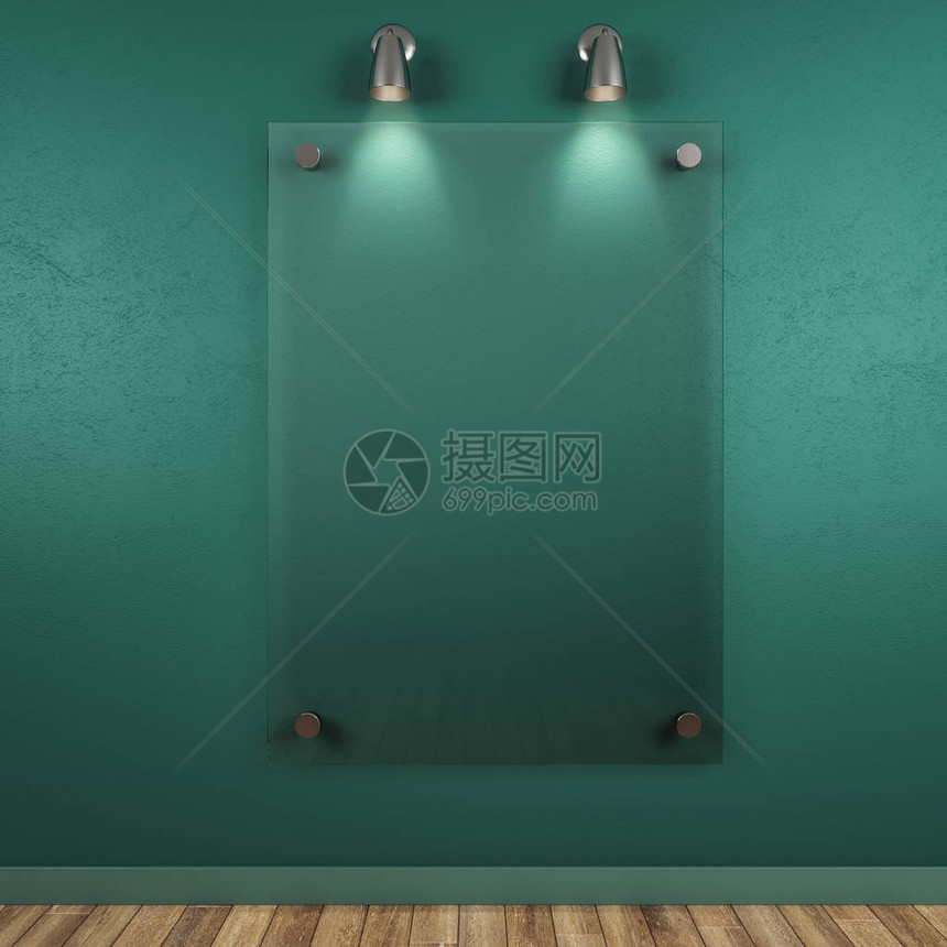 室内绿色房间的空玻璃广告牌图片
