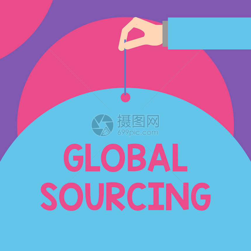 GlobalSourcing从全球商品市场采购的概念图片做法男手腕针刺穿大半空气球几何背景的图片