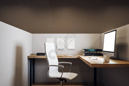 拥有空白电脑屏幕咖啡杯和桌面上用品的最小办公工作场所Mockup图片