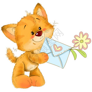 可爱的小猫带着情书和鲜花贺卡插图图片