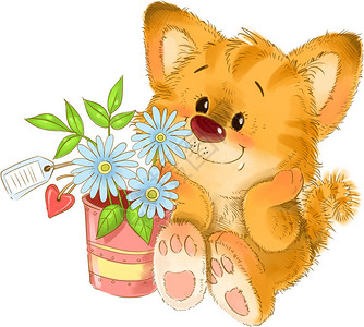 可爱的红条纹小猫有花盆花朵心脏标背景图片