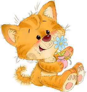 带花盆的可爱红色条纹小猫花卉贺卡插图图片