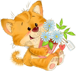 可爱的红条纹小猫有花盆花朵心脏标图片