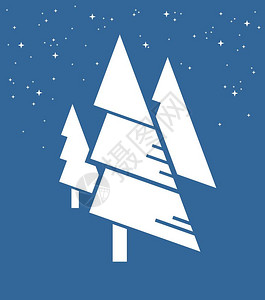 费尔班克斯极简主义白色圣诞树和蓝色背景上的白色雪花的抽象自然插画