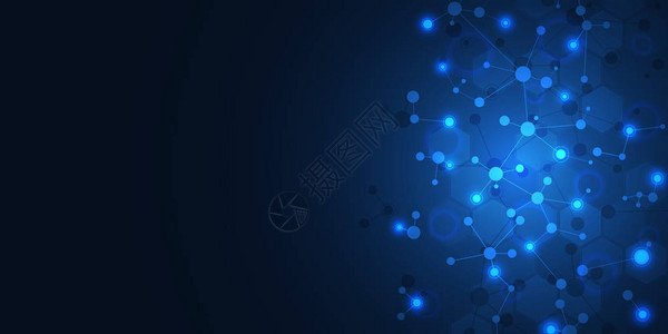 深蓝色背景上的抽象分子分子结构或DNA链神经网络基因工背景图片