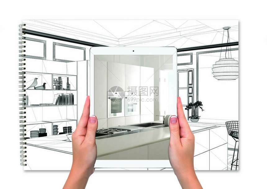 手持平板电脑显示厨房背景蓝图草的笔记本增强现实概念模拟家具和室内设图片
